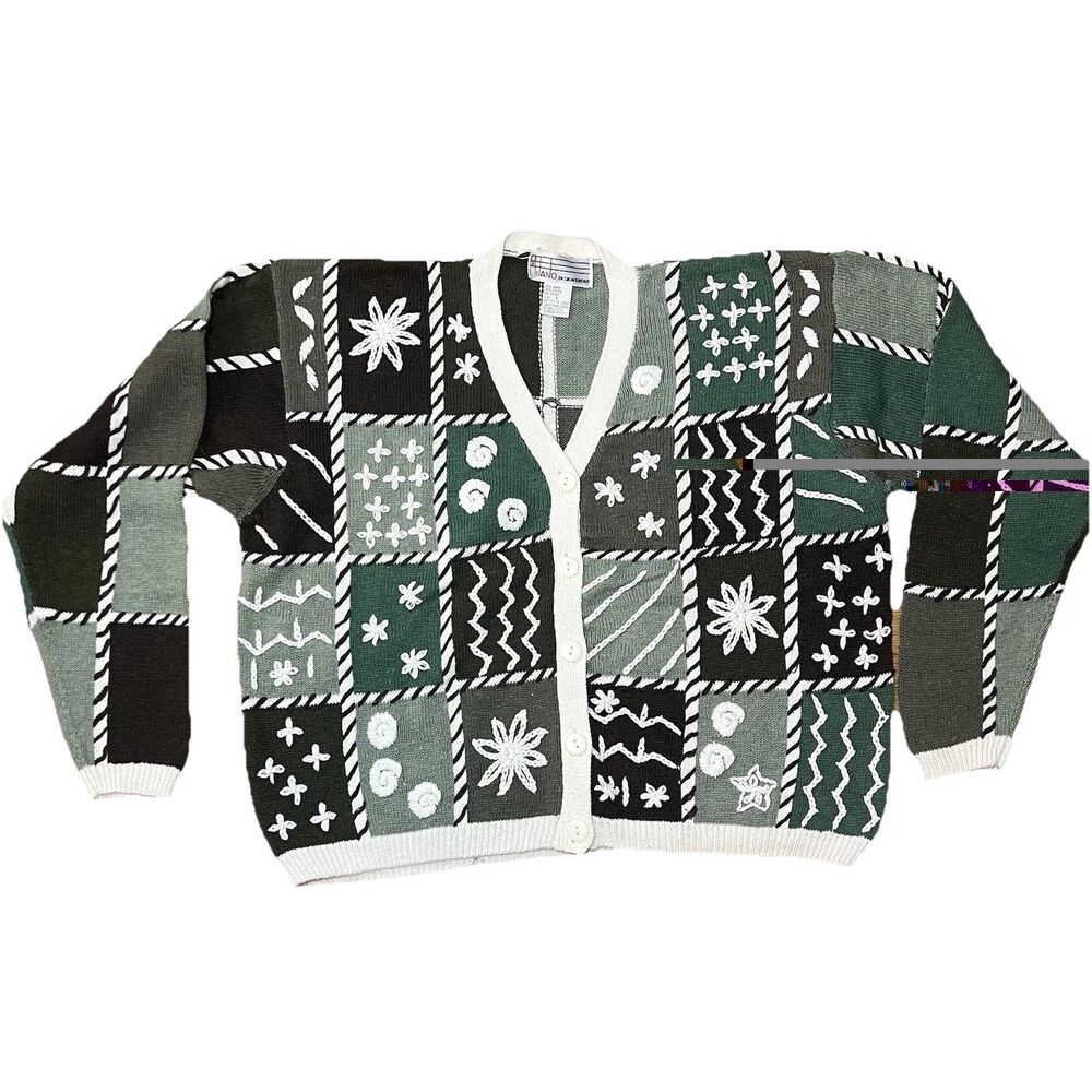 90s Cottagecore Cardigan Sweater Womens Sz L Green Forest Patchwork Knit Button